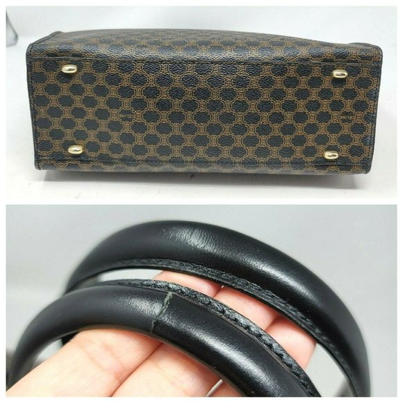 Vintage Celine Triomphe Canvas Black Leather Medium Shoulder Tote Hand Bag Auth - Picture 10 of 16